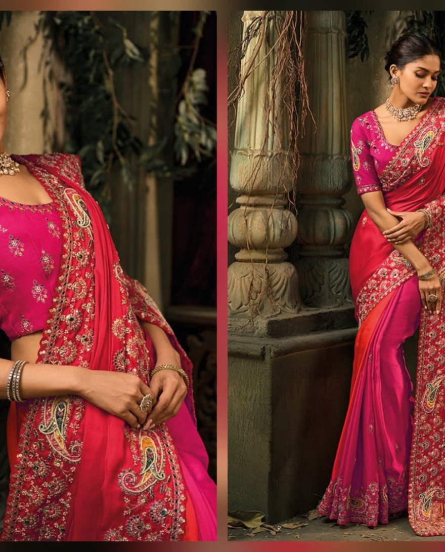 PINK - Pink Red Designer Embroidered Silk Saree with Heavy Border